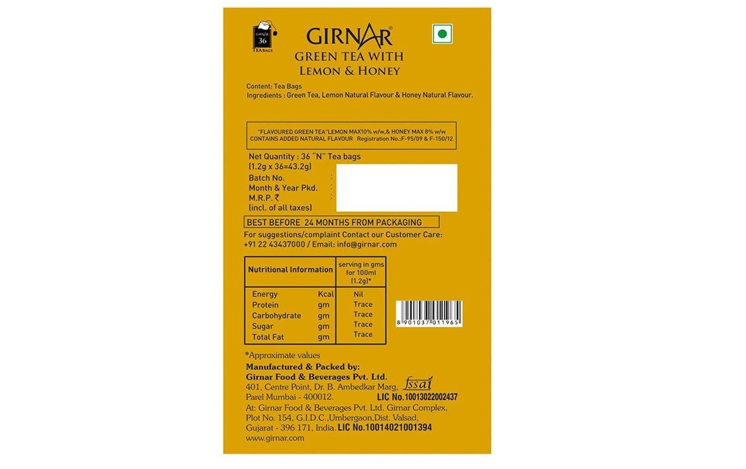 Girnar Green Tea Lemon & Honey    Box  36 pcs